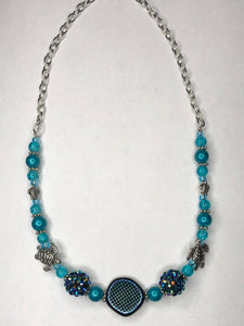 Teal Necklace with Sea Turtle Charms (Silver-Colored Chain)