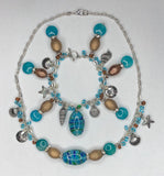 Blue / Brown Bracelet and Necklace with Ocean Charms 1 (Matching Set)