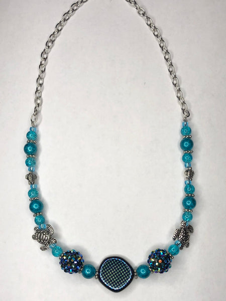 Teal Necklace with Sea Turtle Charms 1